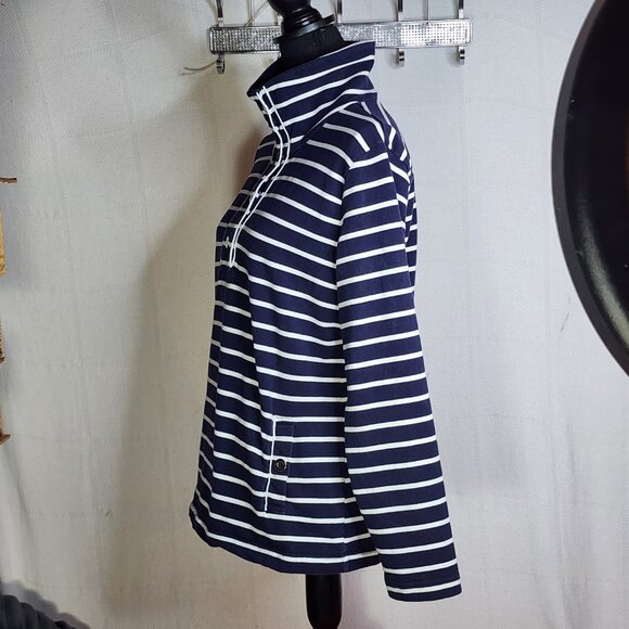 Karen Scott Sport Navy Stripe Cotton Span LS 1/4 Snap Up Stand Collar Top Sz M - Picture 10 of 16